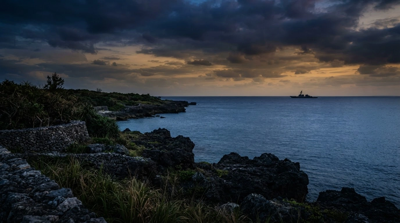A wide-angle view of the Okinawan coastline at dusk with a naval ship patrolling the horizon, symbolizing the shift toward national defense in regional politics.