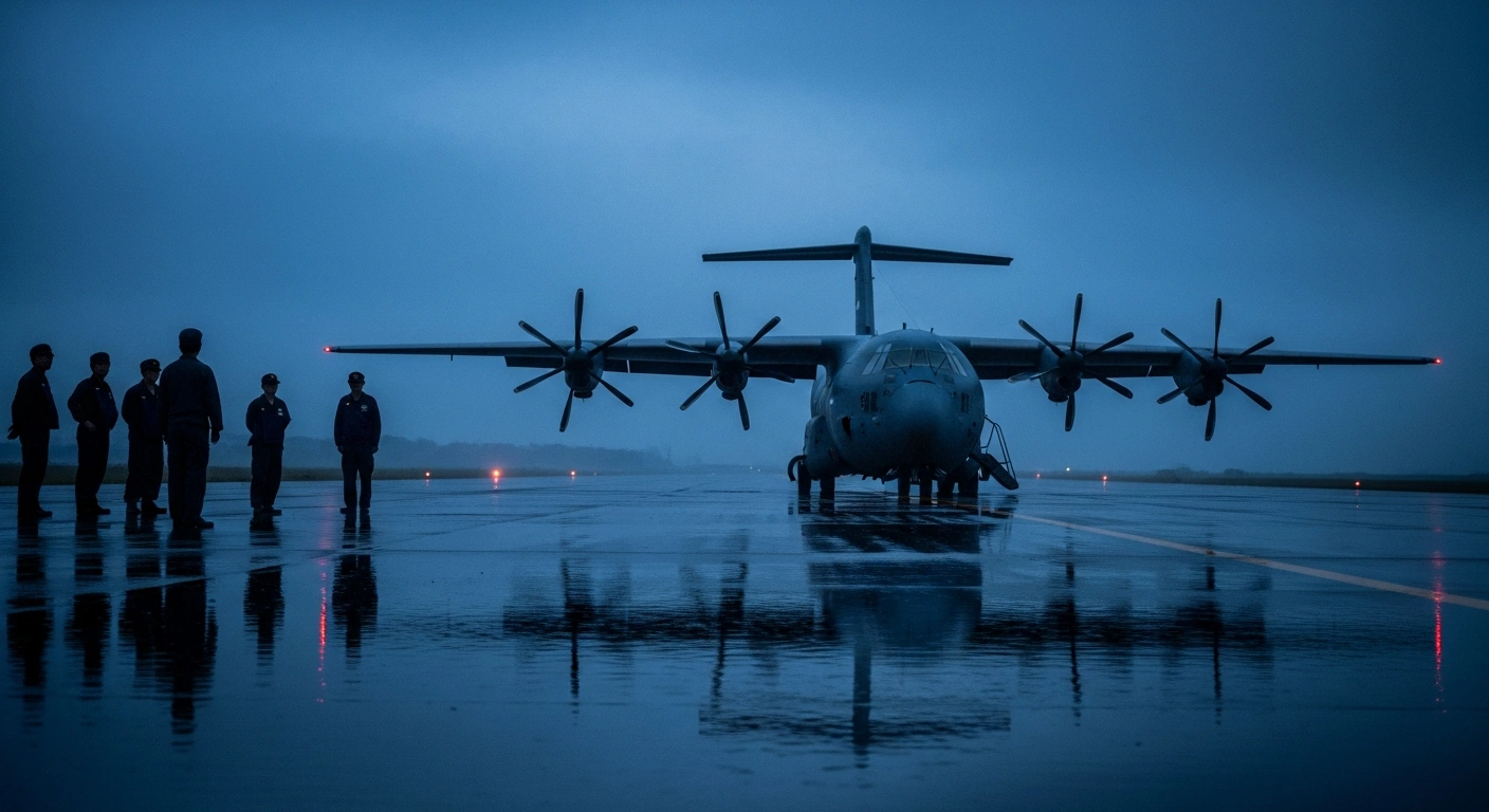 A US military aircraft sits on a runway in Okinawa after an emergency landing as Japanese officials inspect the site.