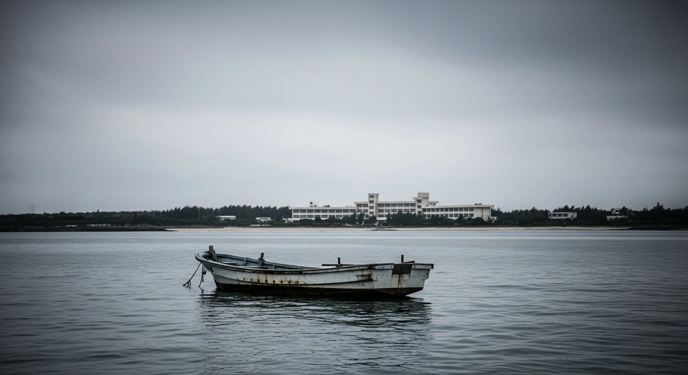 A lone boat floats on the water near an Okinawan school following a fatal marine accident investigation by the Japanese Ministry of Education.