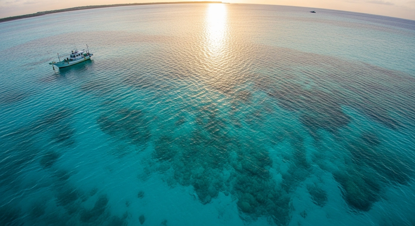 A wide-angle drone shot captures the crystal-clear turquoise waters and a pristine coral reef in Okinawa, with a traditional fishing boat in the distance, representing sustainable tourism initiatives funded by the new accommodation tax.