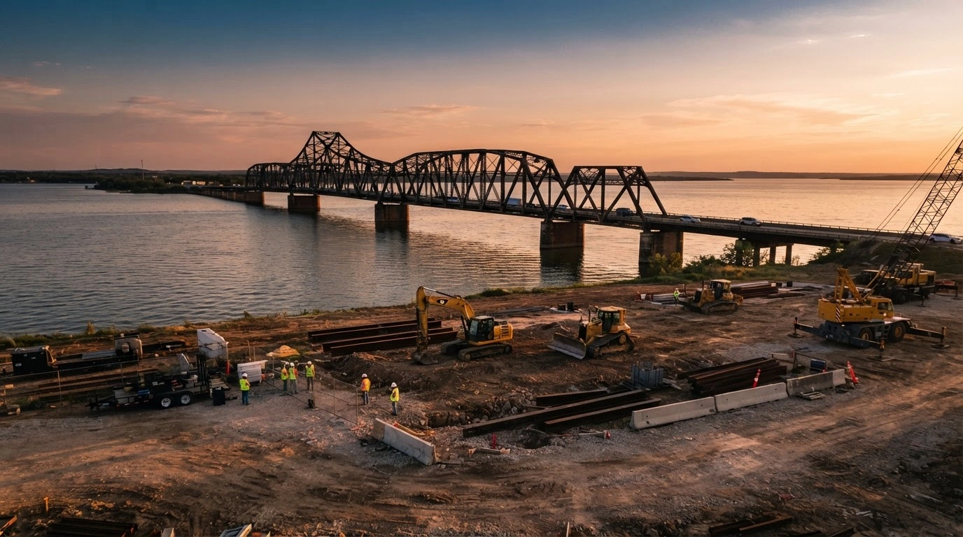 Construction equipment sits at the site of the new US-70 Roosevelt Bridge project overlooking Lake Texoma in Oklahoma.