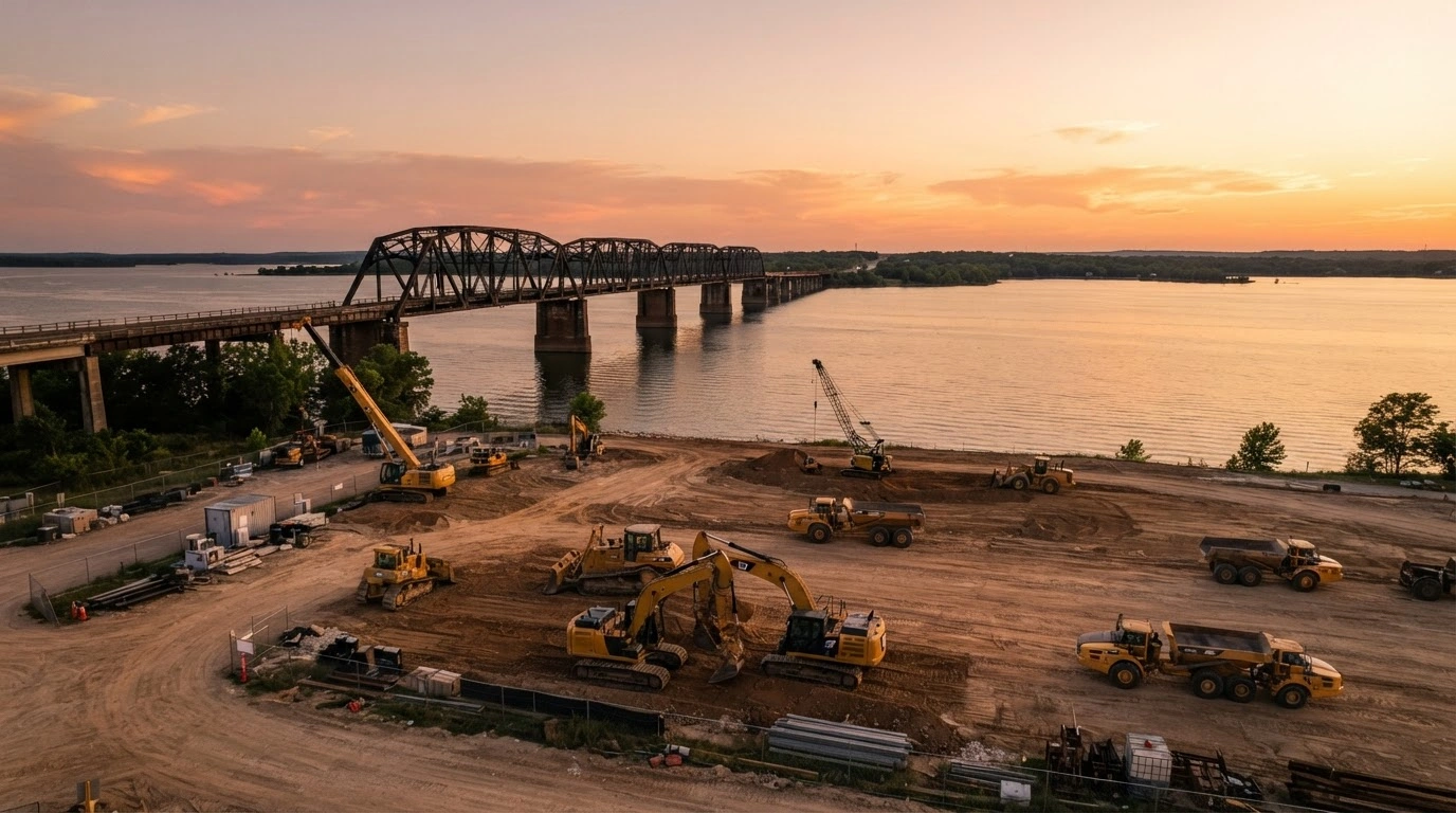 Construction equipment sits at the site of the new US-70 Roosevelt Bridge project overlooking Lake Texoma in Oklahoma.