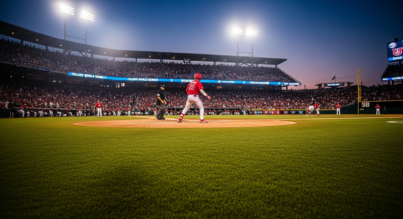 A University of Oklahoma baseball player celebrates a victory on the field during the College World Series championship game against the University of North Carolina in Omaha.