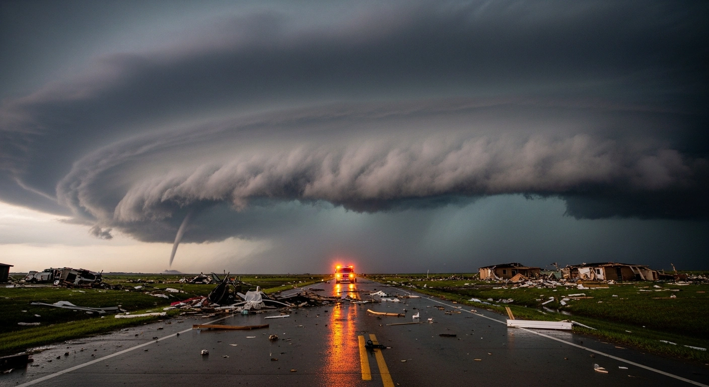 Emergency response vehicles survey the debris-strewn landscape of a neighborhood in Enid, Oklahoma, following a destructive tornado outbreak.