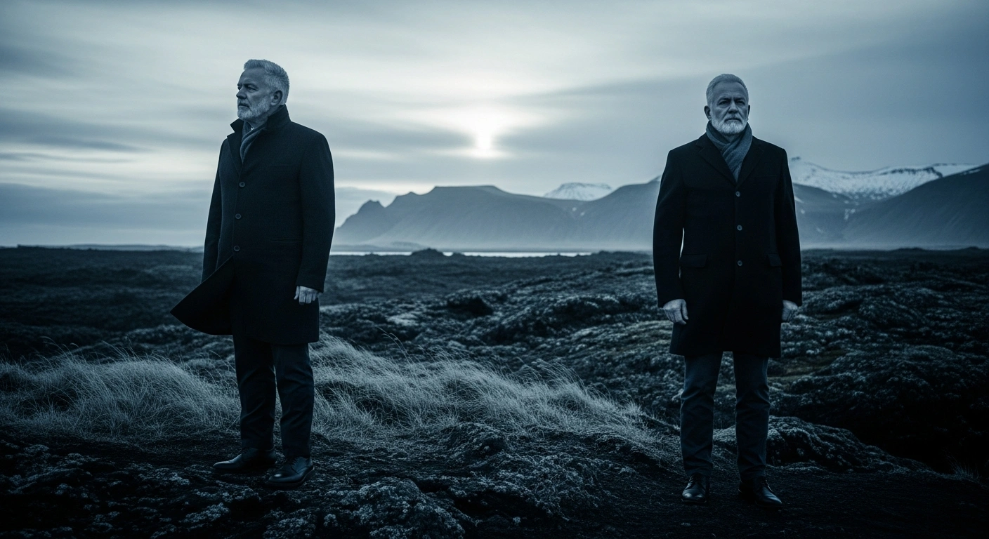 Former Icelandic President Ólafur Ragnar Grímsson and his wife Dorrit Moussaieff stand apart on a rocky Icelandic shore following the announcement of their separation.
