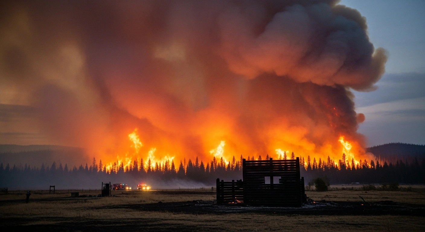 A massive wildfire burns through thousands of acres in Spokane County, destroying structures and creating thick smoke near Fort Spokane.