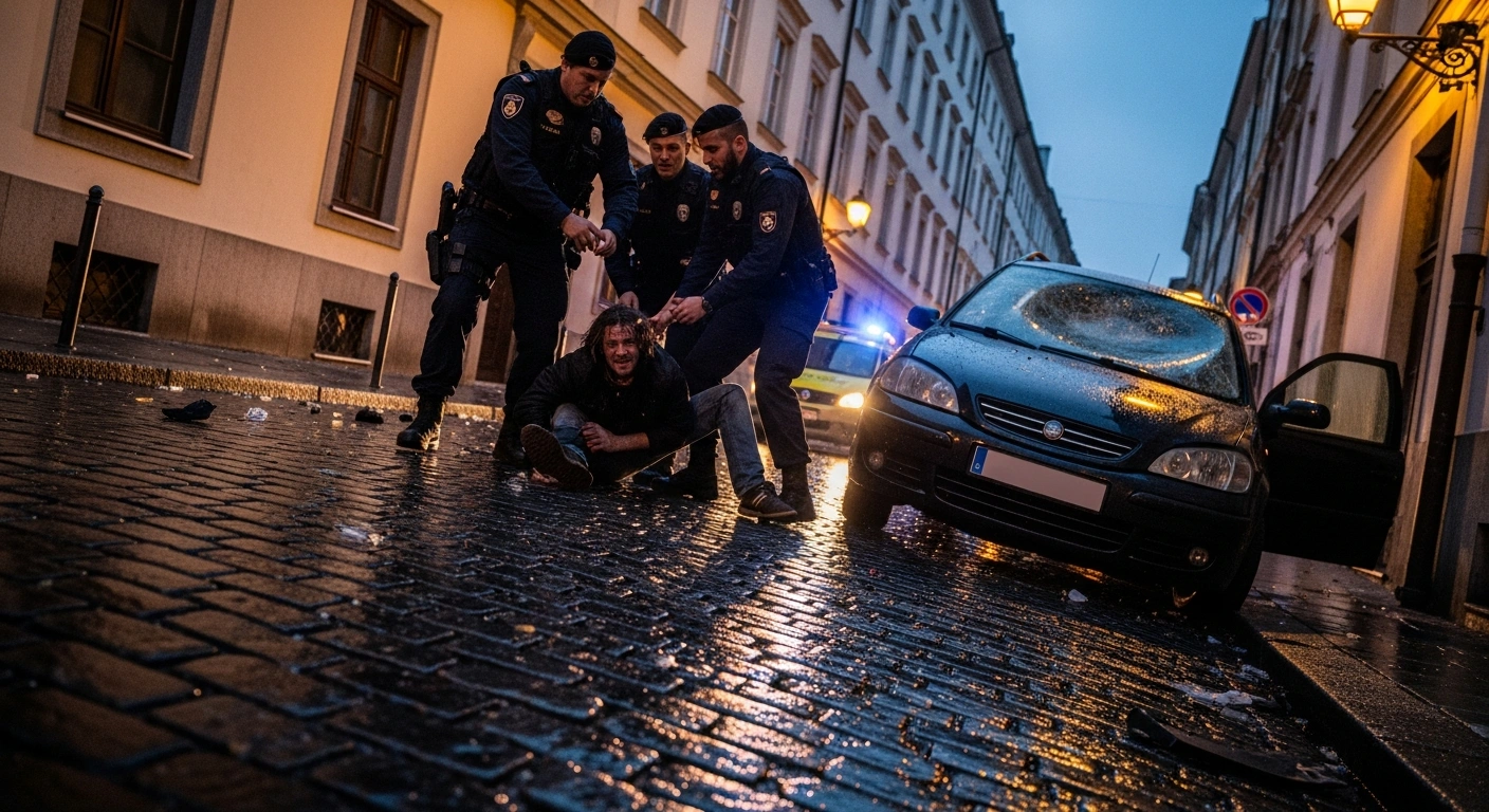 A disheveled man is being apprehended by police officers on a narrow street at dusk, with a damaged vehicle and scattered debris in the background, following an incident where he deliberately drove into pedestrians and cyclists on France's Île d'Oléron.