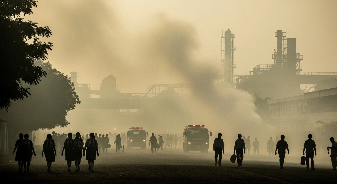Dense, yellowish-white oleum gas fumes spread from Bhageria Industries in Palghar, Maharashtra, as over 2,600 people, including students and workers, are seen evacuating the area.