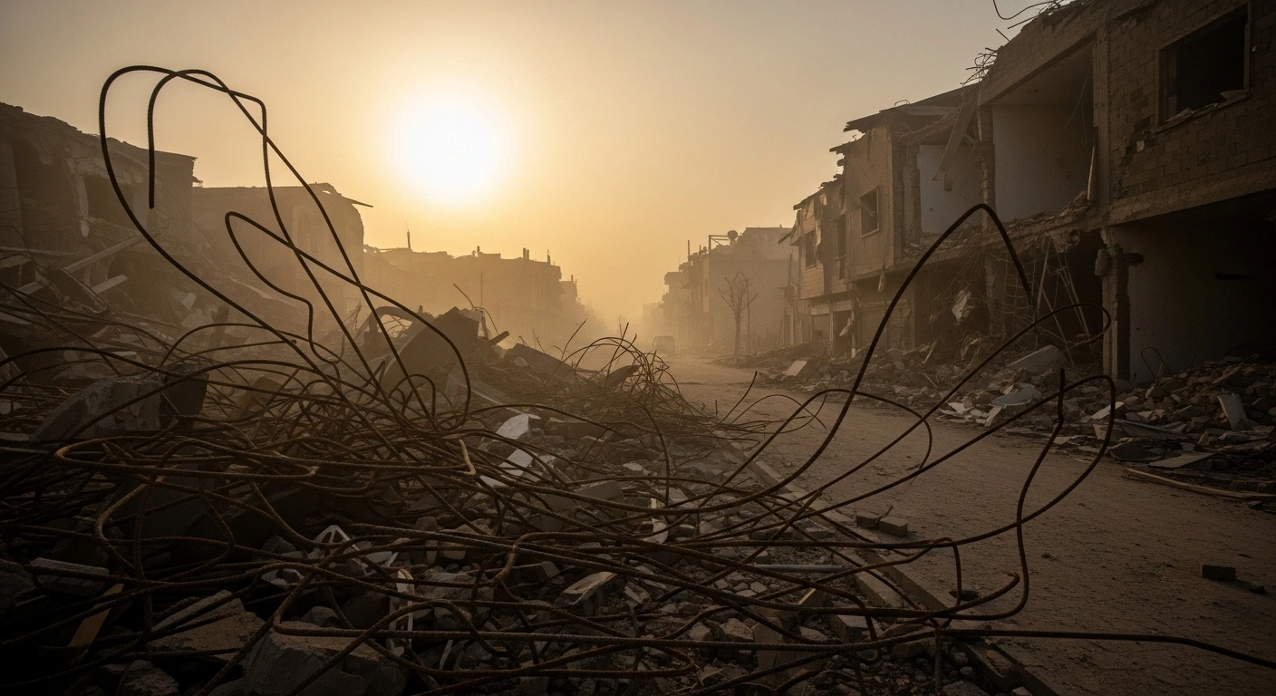 A wide, low-angle view at dawn shows the devastating aftermath of a gas leak explosion in Olinda, Pernambuco, Brazil, with collapsed homes, twisted rebar, splintered wood, and dust-filled air.