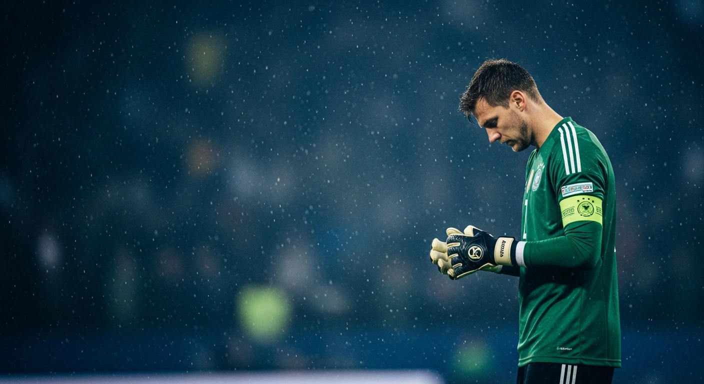 German goalkeeper Oliver Baumann stands alone on a stadium pitch reflecting on his benching during the 2026 World Cup.