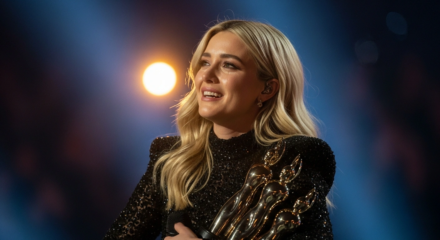 Olivia Dean, radiant with emotion, holds four gleaming Brit Awards, including Artist of the Year, Song of the Year, Album of the Year, and Pop Act, on stage at the 2026 ceremony in Manchester.