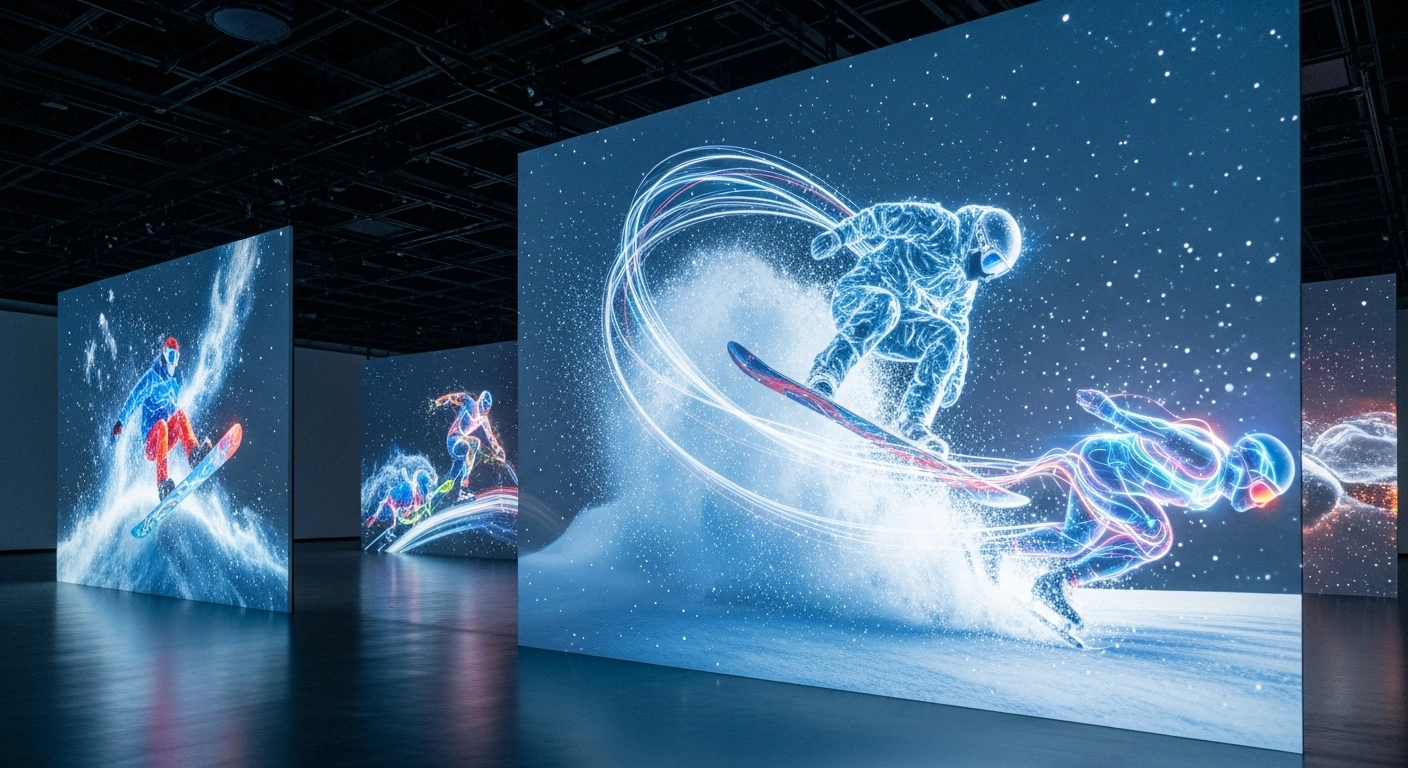 A futuristic art gallery showcases holographic projections of AI-generated winter sports art, representing the global 'YOUR EPIC VIBE' campaign by Alibaba Cloud and Ogilvy Shanghai, which contributed to the Olympic legacy for the Milano Cortina 2026 Winter Olympics.