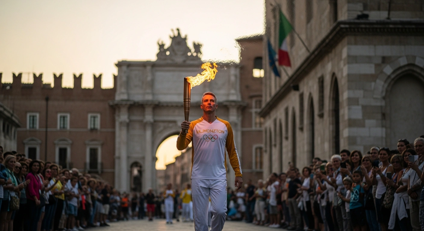 A torchbearer carries the Olympic Flame for the Milano Cortina 2026 Winter Games through a historic piazza in Italy's Friuli Venezia Giulia region, with ancient architecture and a cheering crowd in the background, symbolizing unity and peace.