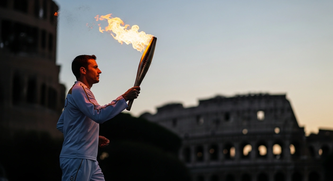 A lone torchbearer, illuminated by the Olympic flame, runs at twilight with ancient Roman architecture in the background, symbolizing the flame's journey from Ancient Olympia and Greece to Italy for the Milano Cortina 2026 Winter Olympics torch relay.