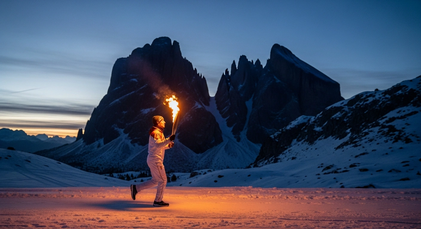 A torchbearer carries the illuminated Olympic flame through a snow-dusted Italian mountain pass at twilight, representing the extensive 12,000 km Olympic Torch Relay for the Milano Cortina 2026 Winter Olympics.