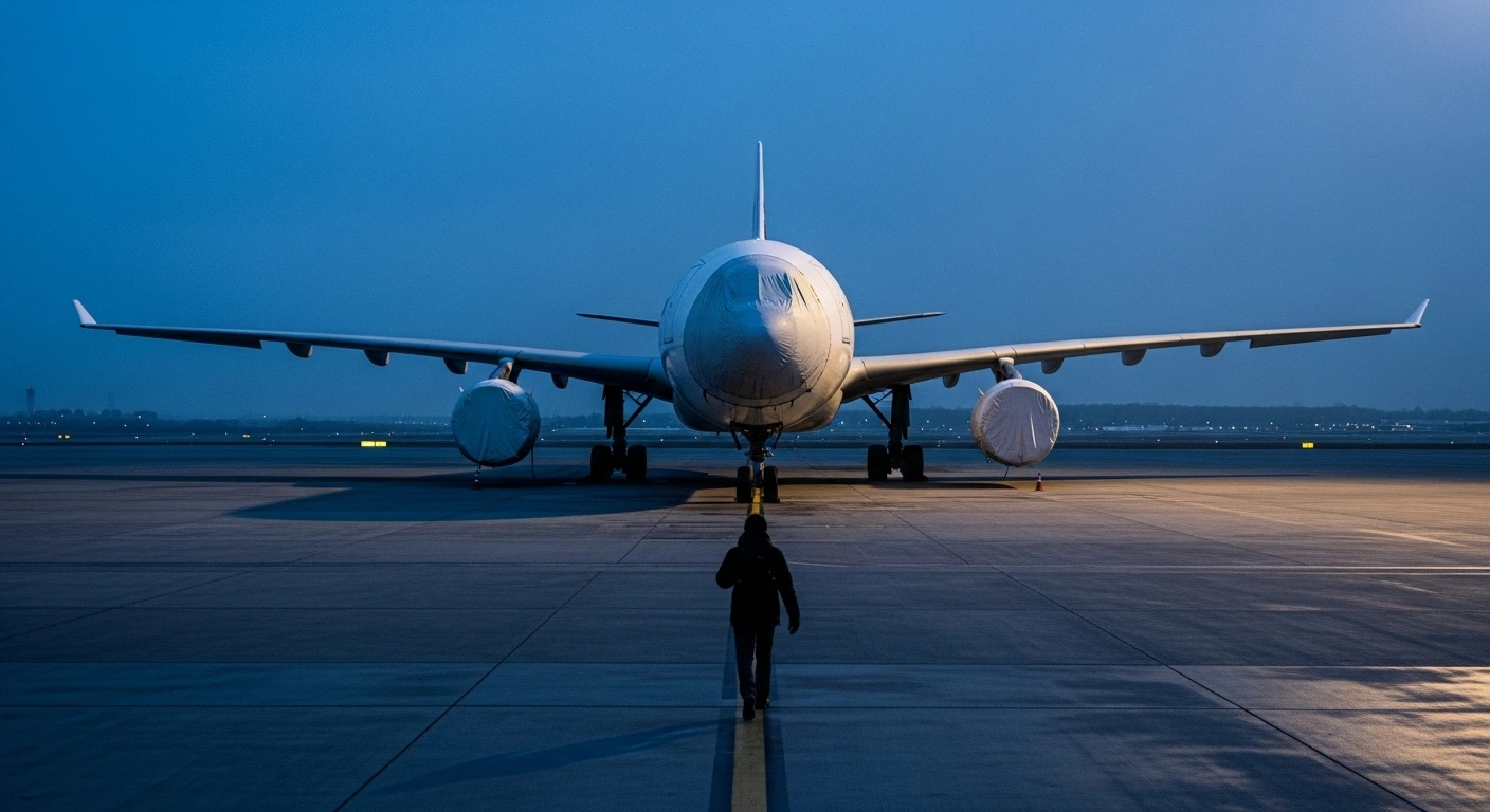 A desolate airport tarmac at pre-dawn features a grounded Airbus A330 with covered engines, casting long shadows, as a solitary figure walks away, representing Oman Air's fleet overhaul and employee layoffs for cost-saving.
