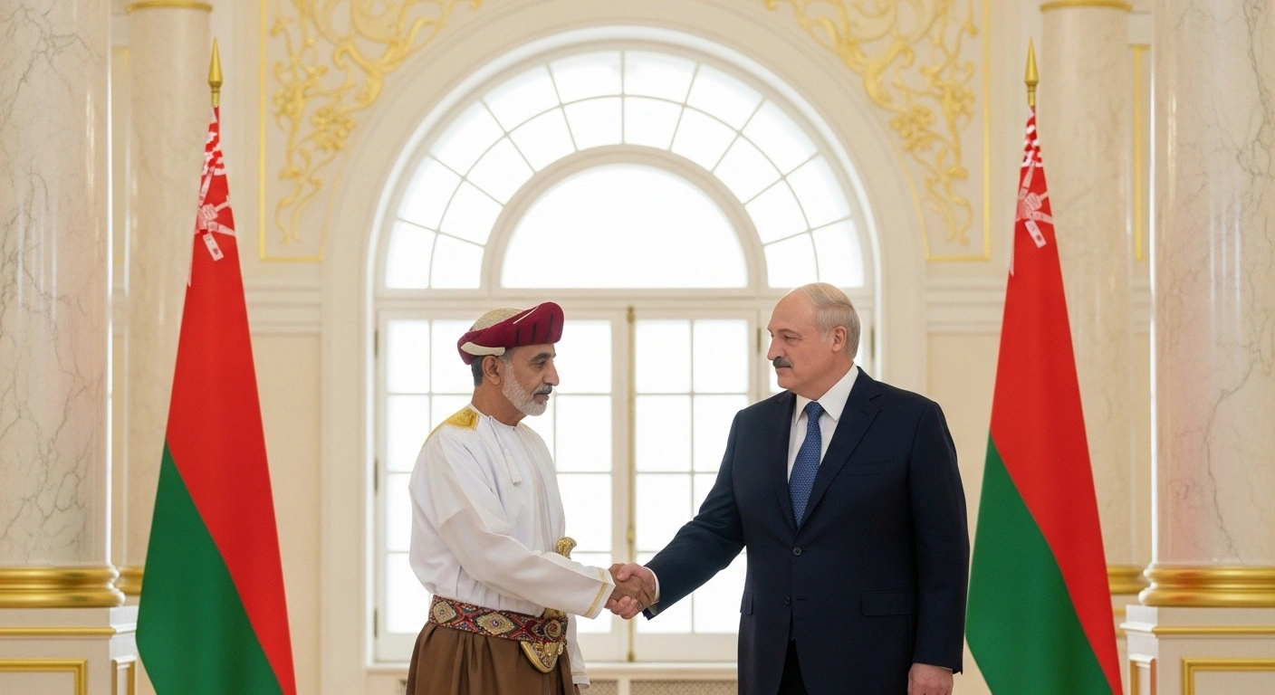 Sultan Haitham bin Tarik of Oman and President Alexander Lukashenko of Belarus are depicted shaking hands in a grand, ornate hall, symbolizing their state visit and enhanced bilateral cooperation.