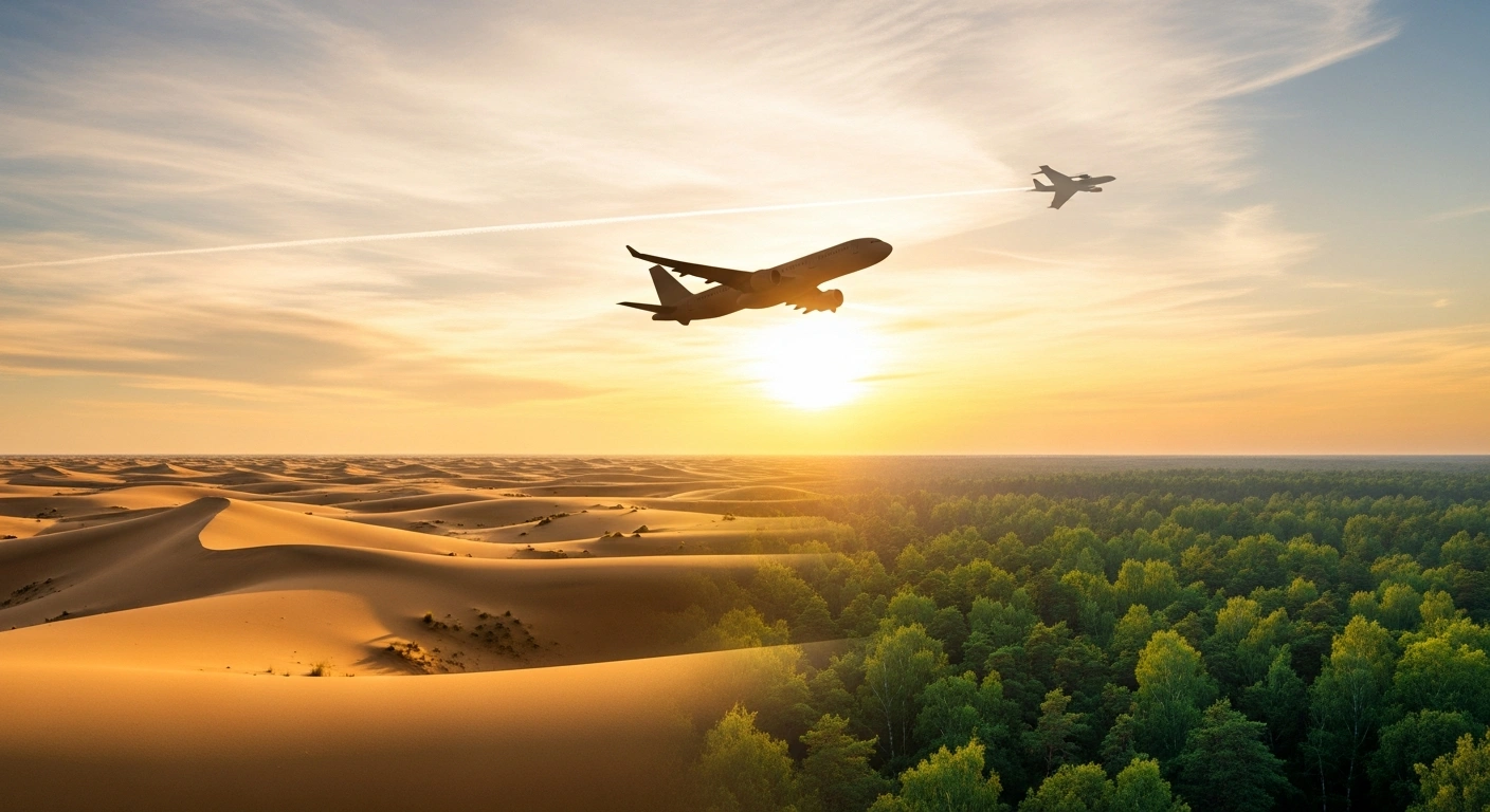 A conceptual image showing a blend of Omani desert dunes and Belarusian forests under a sunset sky to represent the new visa-free travel agreement between Oman and Belarus.