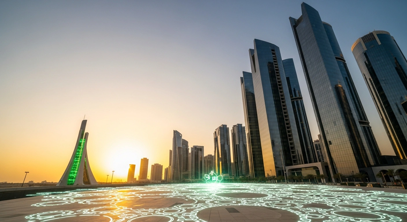 A modern Omani cityscape at golden hour, featuring sleek buildings and subtle glowing elements representing global investment, advanced technology, and green hydrogen initiatives, symbolizing Oman's strategic diversification and cooperation with partners like Turkey under Oman Vision 2040.