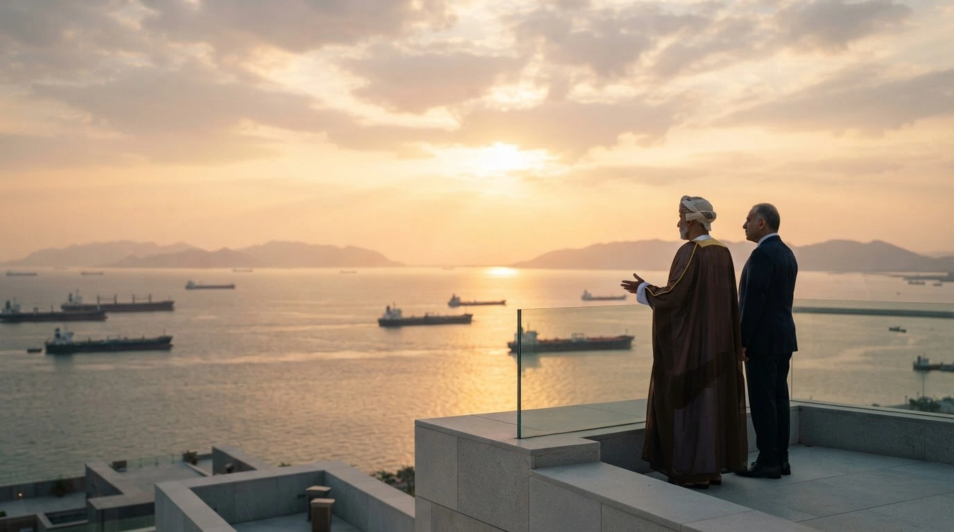 Two diplomats stand on a balcony overlooking the Persian Gulf to represent the new security and economic framework between Iran and the GCC nations.