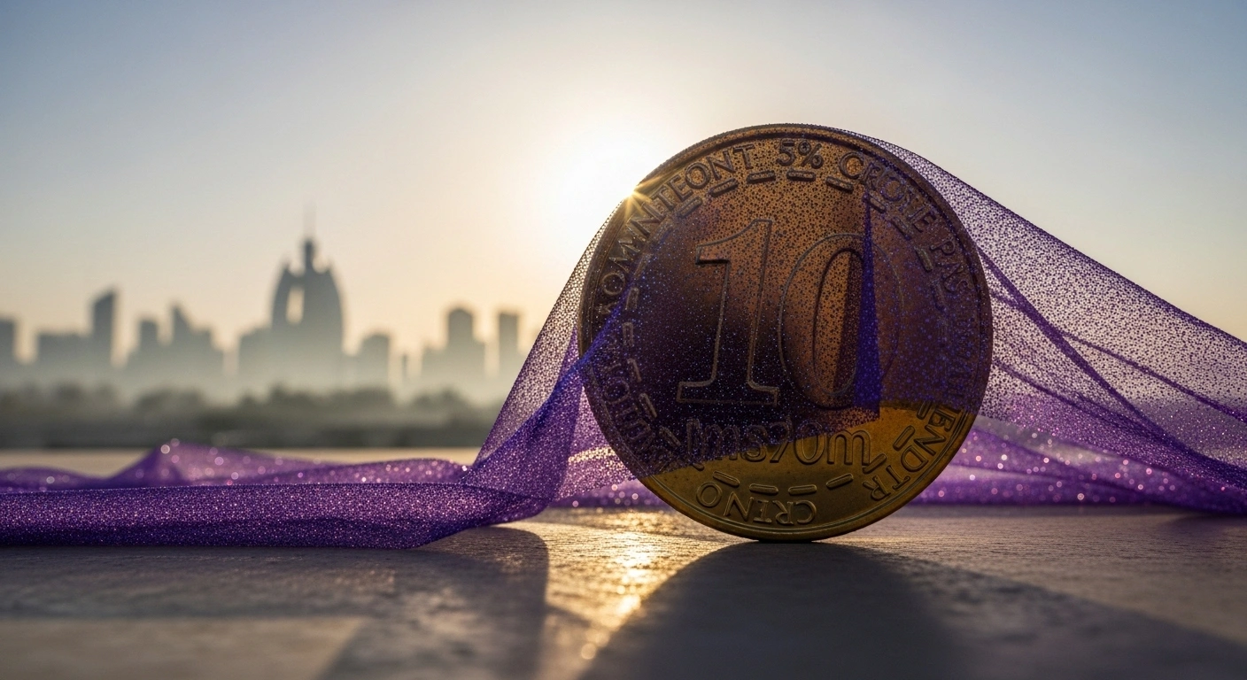 A close-up, low-angle shot features a large golden coin partially covered by a shimmering, transparent veil, symbolizing Oman's new 5% Personal Income Tax on high earners, set against a blurred backdrop of Muscat's futuristic skyline at dawn, representing Oman Vision 2040 and revenue diversification starting in 2028.