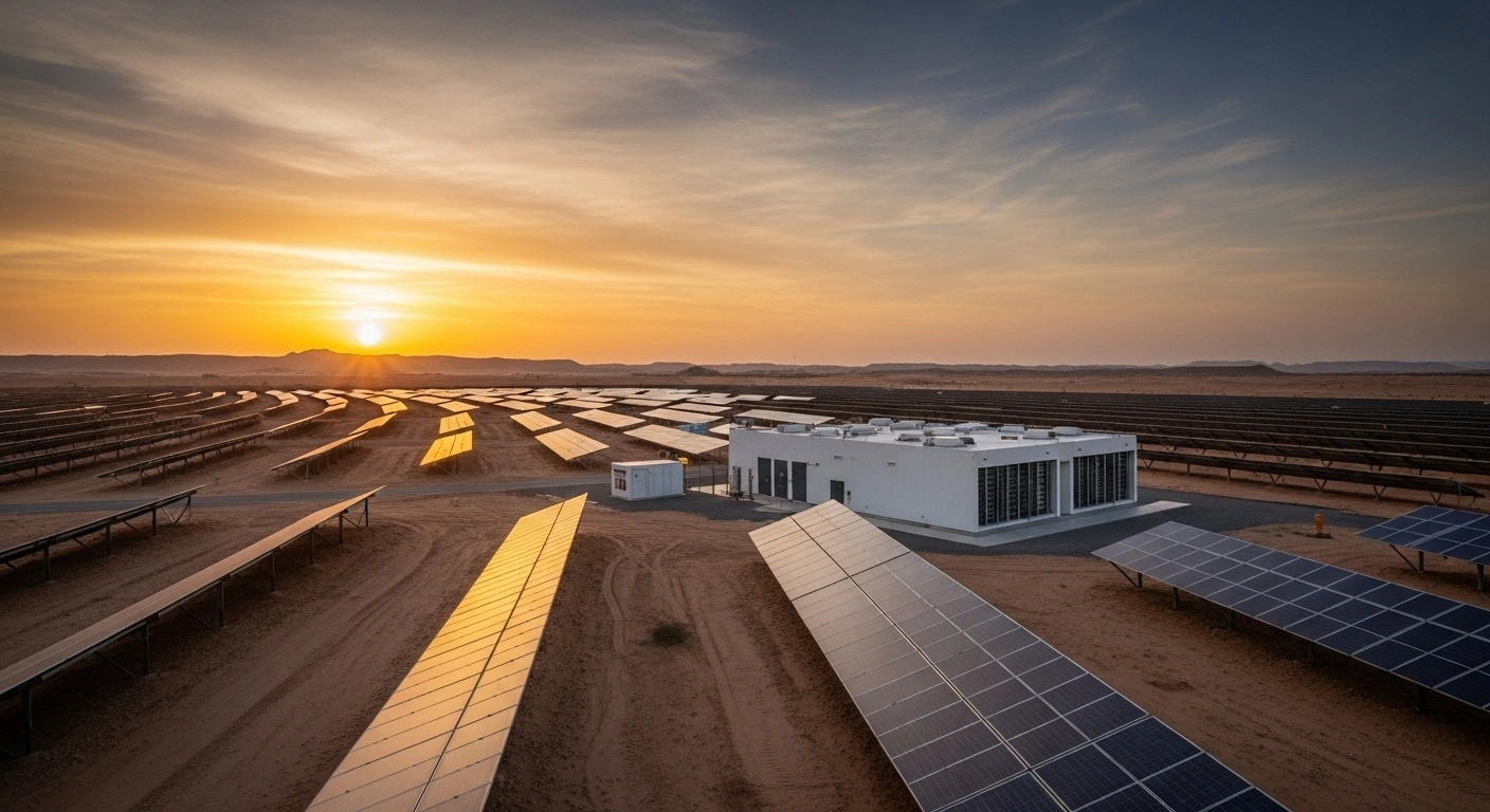A vast solar farm with rows of gleaming panels under a dramatic sunset sky, alongside a modern battery energy storage facility in a desert landscape, symbolizing Oman's first utility-scale solar and battery storage project, Ibri III, led by Masdar, and its commitment to renewable energy.