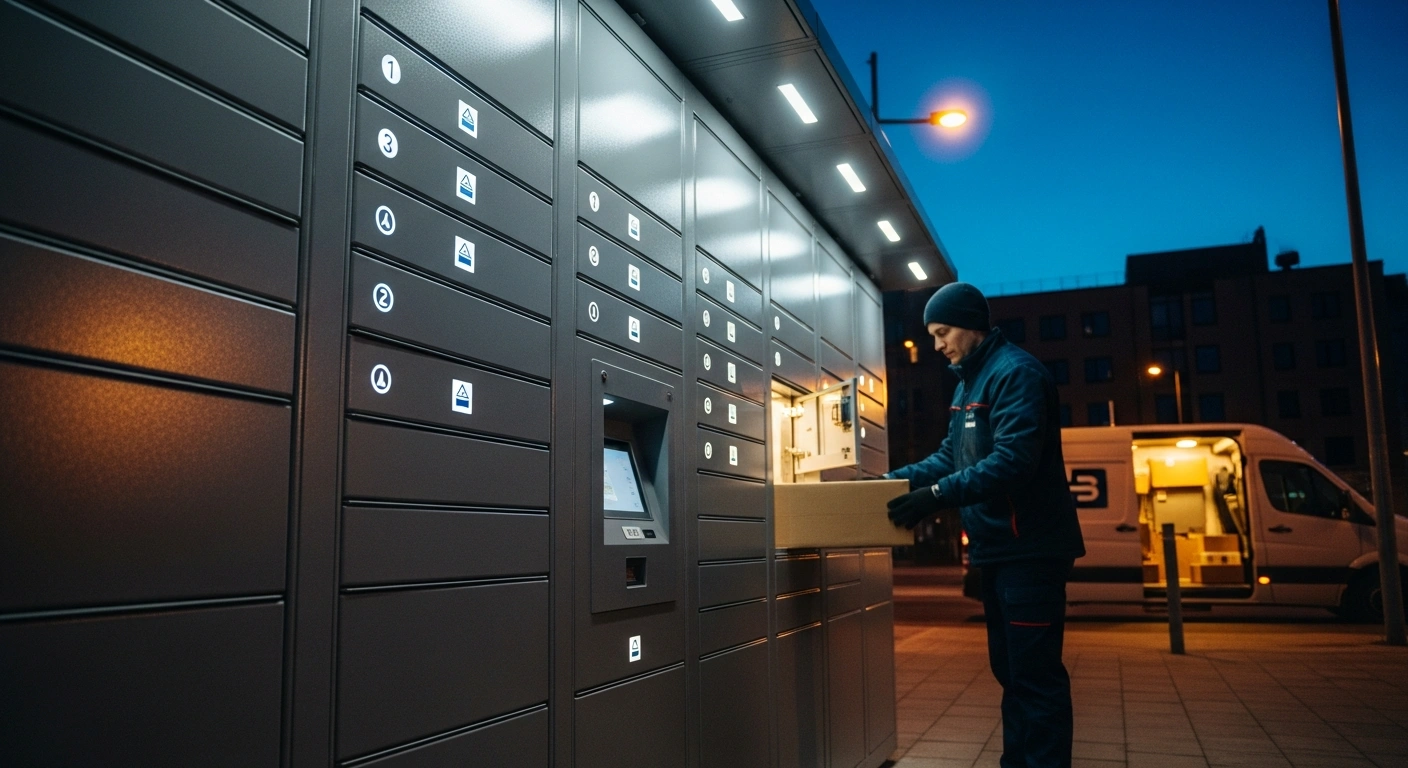 An Omniva delivery worker organizes parcels at an automated pickup locker in Estonia to manage high delivery volumes.