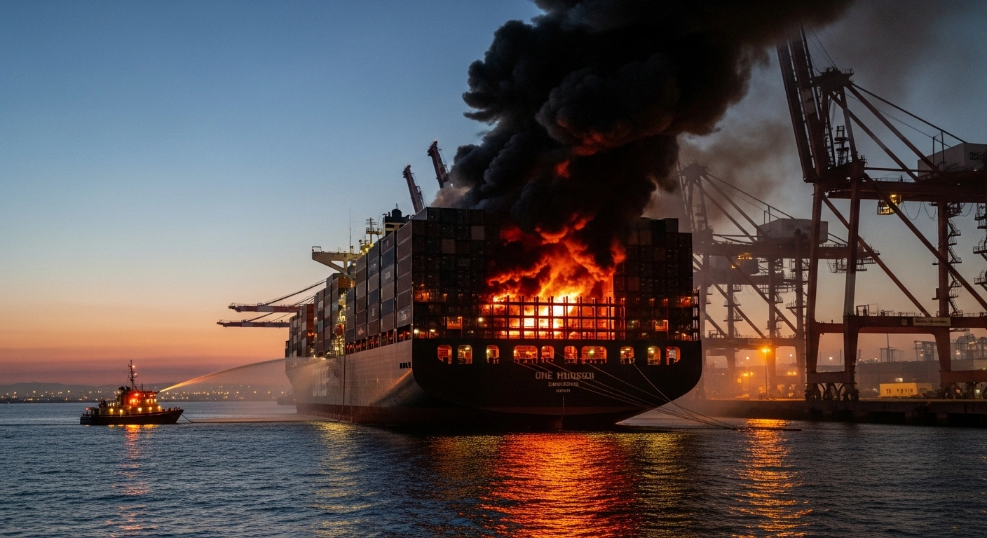 A large container ship, the ONE Henry Hudson, at the Port of Los Angeles, emits a thick plume of dark smoke from an electrical fire, with emergency lights illuminating the scene at dusk, reflecting on the water, during a hazardous materials incident.