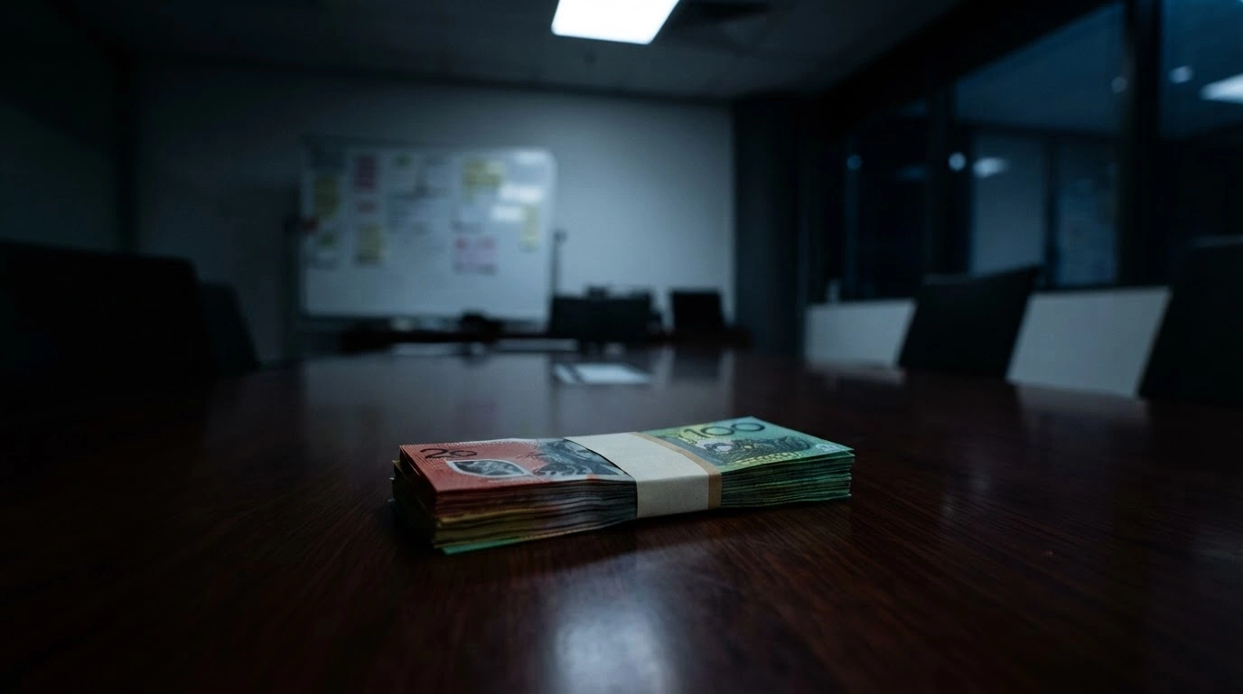 A stack of currency sits on a dark table in a political office, representing the financial controversy surrounding One Nation party candidate fees.