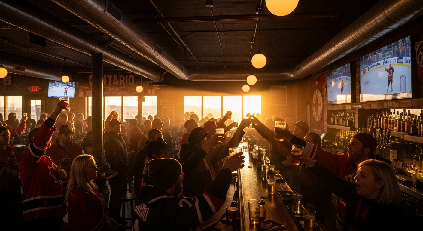 A group of Canadian hockey fans in a dimly lit Ontario bar raise their glasses in celebration during an early morning alcohol service, with a hockey game visible on a screen in the background.