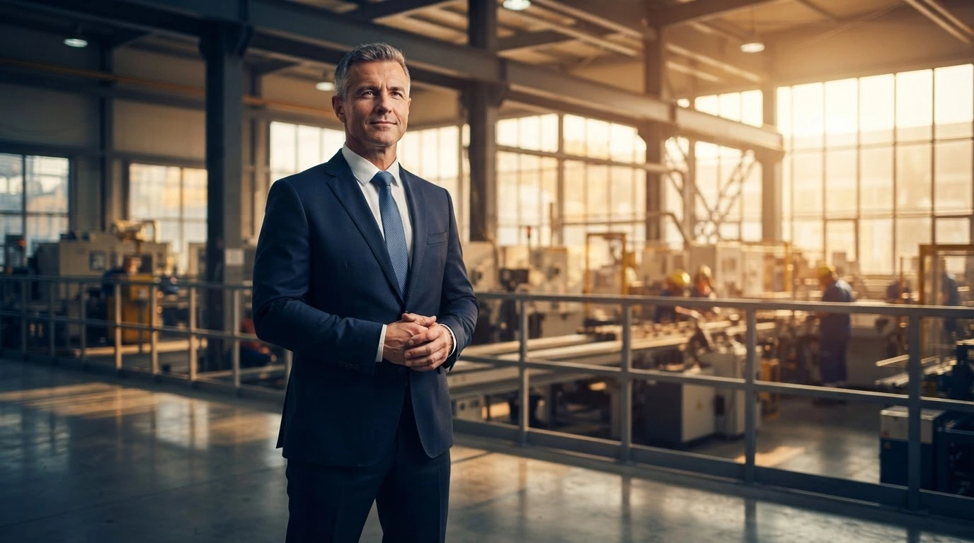 A business leader stands in a modern industrial facility representing Ontario's expanded tariff relief programs for businesses affected by trade disputes.