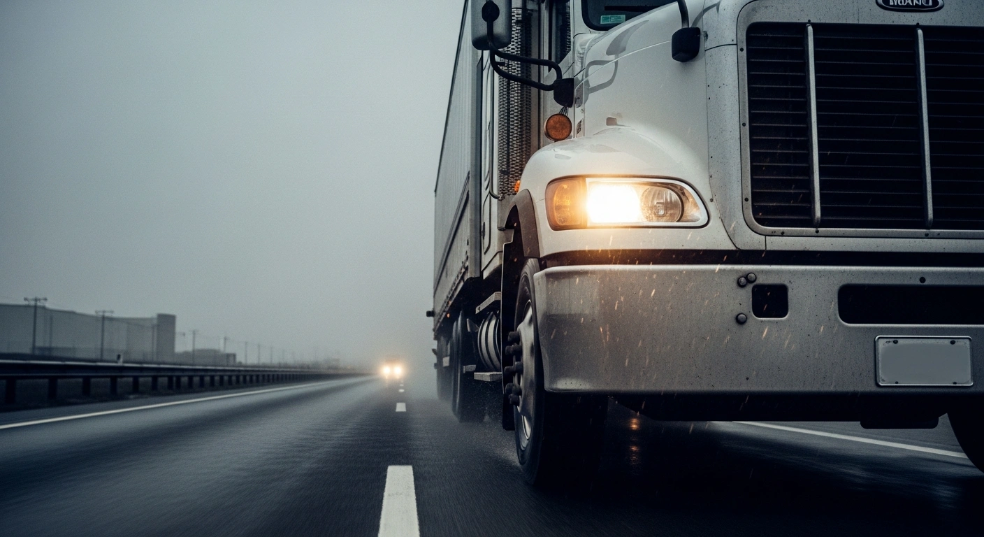 A large commercial semi-truck travels along a highway, representing the safety risks and oversight issues identified in the Ontario Auditor General report on driver training.