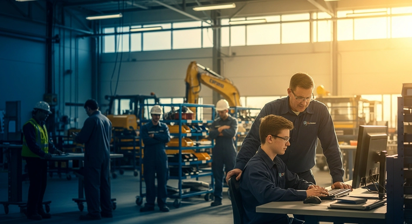 A mentor provides hands-on workforce training to a student in a modern industrial facility as part of the Ontario government's Skills Development Fund investment.