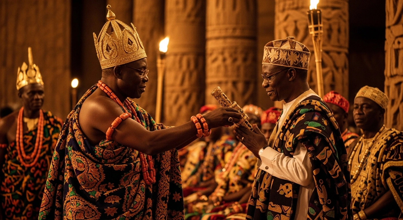 The Ooni of Ife, Oba Adeyeye Ogunwusi, confers the 'Aare Atayeto Oodua of the Source' chieftaincy title on Ghanaian President John Dramani Mahama during a ceremony in Ile-Ife, Nigeria, symbolizing African unity and stronger ties between the two nations.