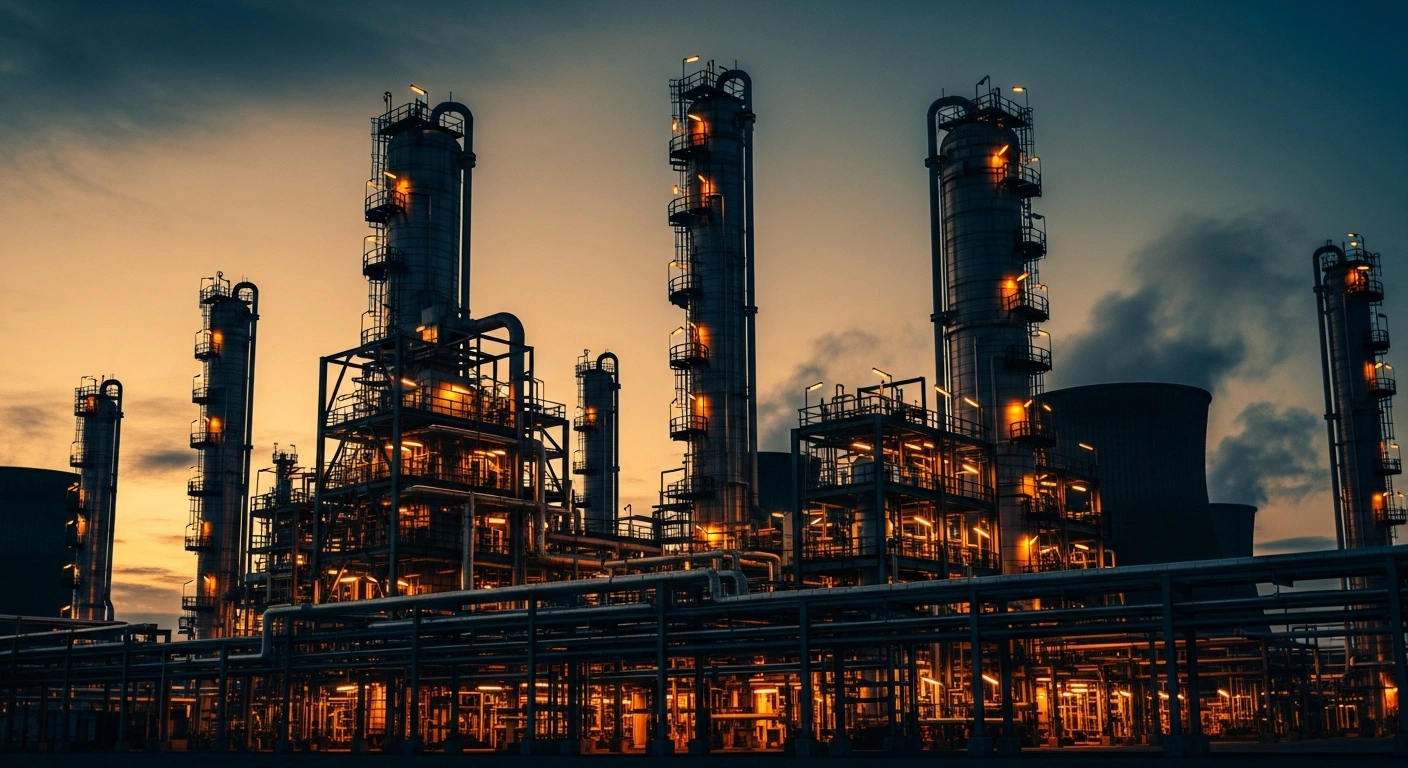 A large industrial oil refinery stands under a dramatic twilight sky as OPEC+ members extend voluntary oil production cuts to maintain market stability.
