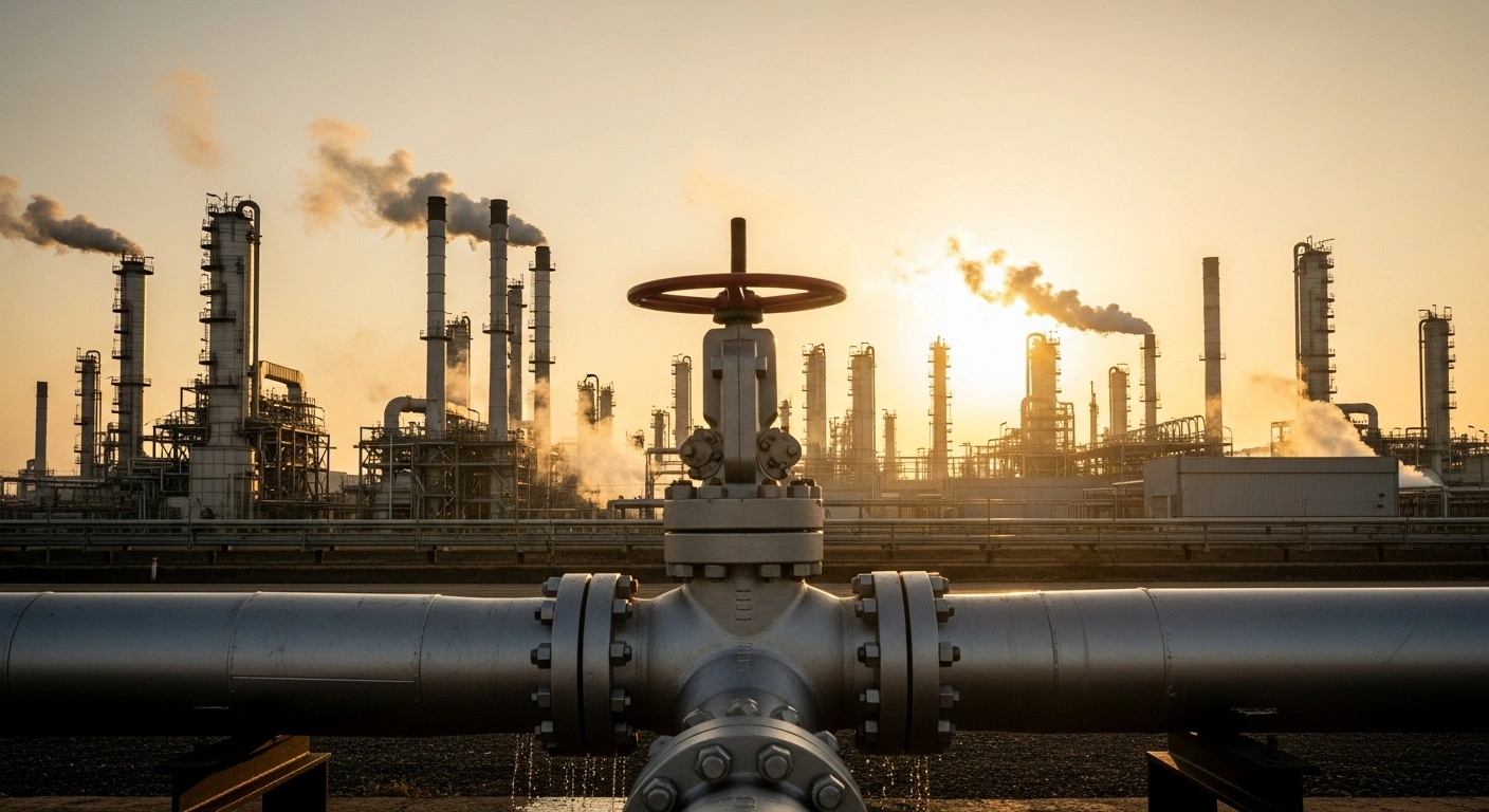 A wide, golden-lit shot of a modern oil refinery at dawn, with multiple stacks emitting gentle plumes and a newly opened pipeline valve gleaming, visually representing the OPEC+ decision, including Saudi Arabia, to increase oil production by 137,000 barrels per day starting November 2025, reflecting a stable global economic outlook.