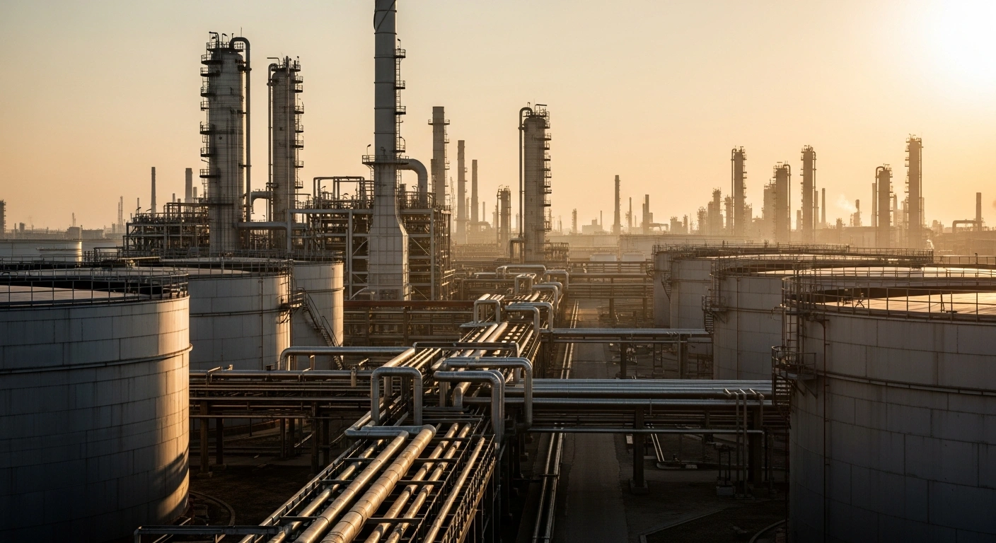A vast industrial oil refinery complex operates under a golden sunset as OPEC+ nations prepare to increase global oil production.