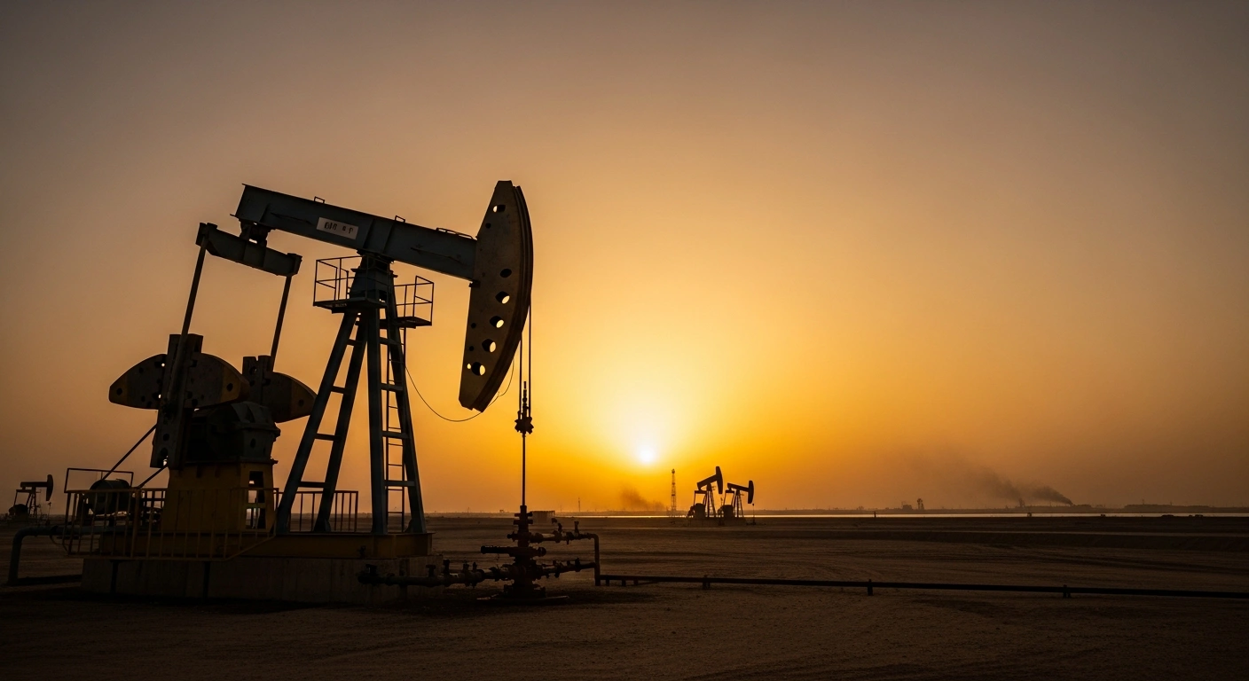 A massive oil derrick actively pumps in a vast oil field at twilight, silhouetted against a fiery Middle Eastern sunset, representing increased oil production by OPEC+ members like Saudi Arabia, set against a backdrop of geopolitical tensions and the Strait of Hormuz.