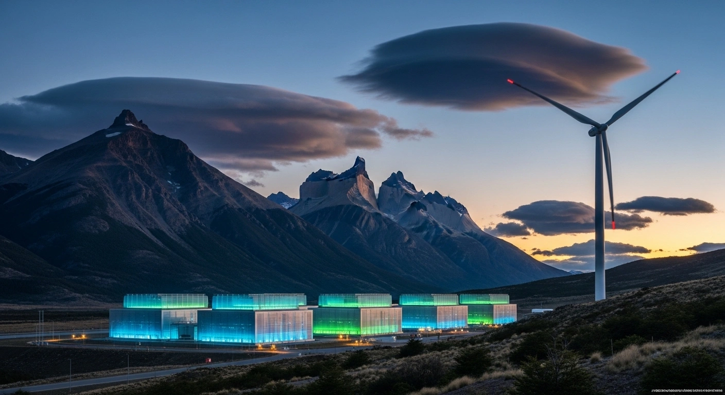 A massive, futuristic artificial intelligence data center, illuminated with blue and green light, stands in the rugged, mountainous landscape of Argentina's Patagonia region at twilight, with a large wind turbine in the background, representing the $25 billion 'Stargate Argentina' project by OpenAI and Sur Energy.