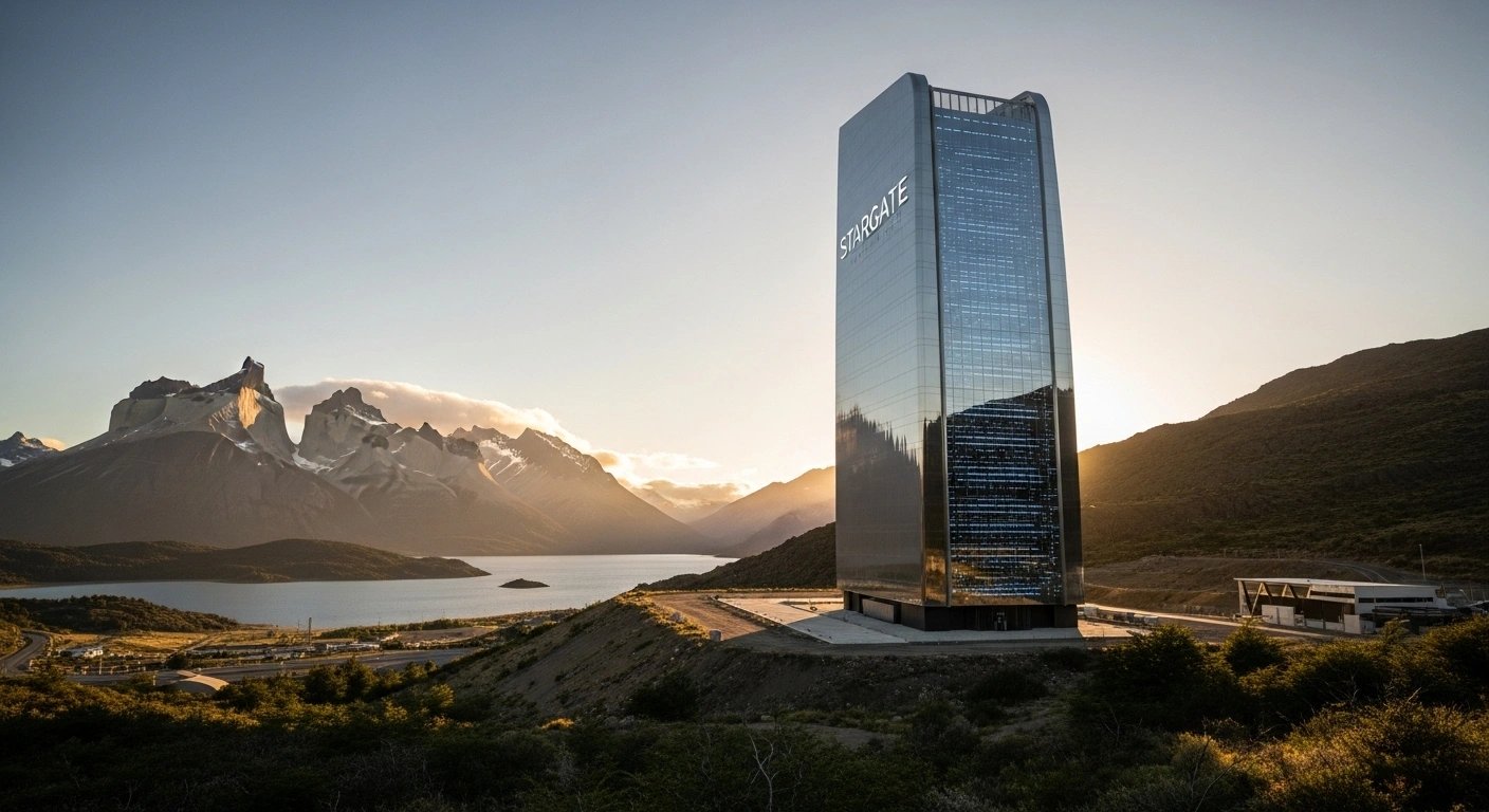 A colossal, futuristic data center, representing OpenAI's 'Stargate Argentina' facility, rises from a rugged Patagonian landscape under a dramatic golden hour sky, its sleek surfaces reflecting the warm light and subtle blue glows indicating advanced AI computing power.