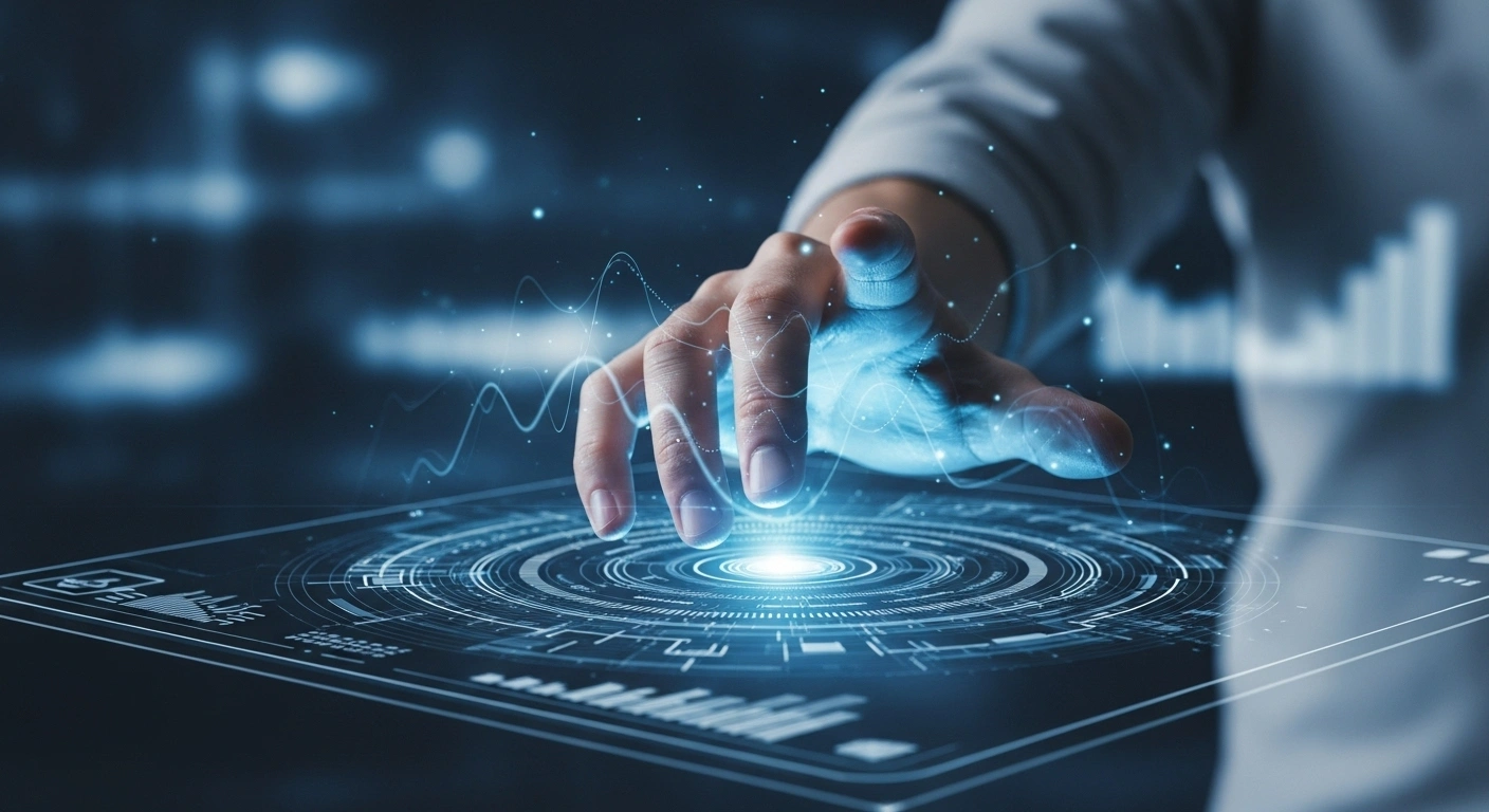 A human hand interacts with a glowing, translucent holographic interface displaying swirling data visualizations, symbolizing OpenAI's ChatGPT Atlas AI-powered web browser offering personalized and intelligent browsing on macOS, competing with Google Chrome.