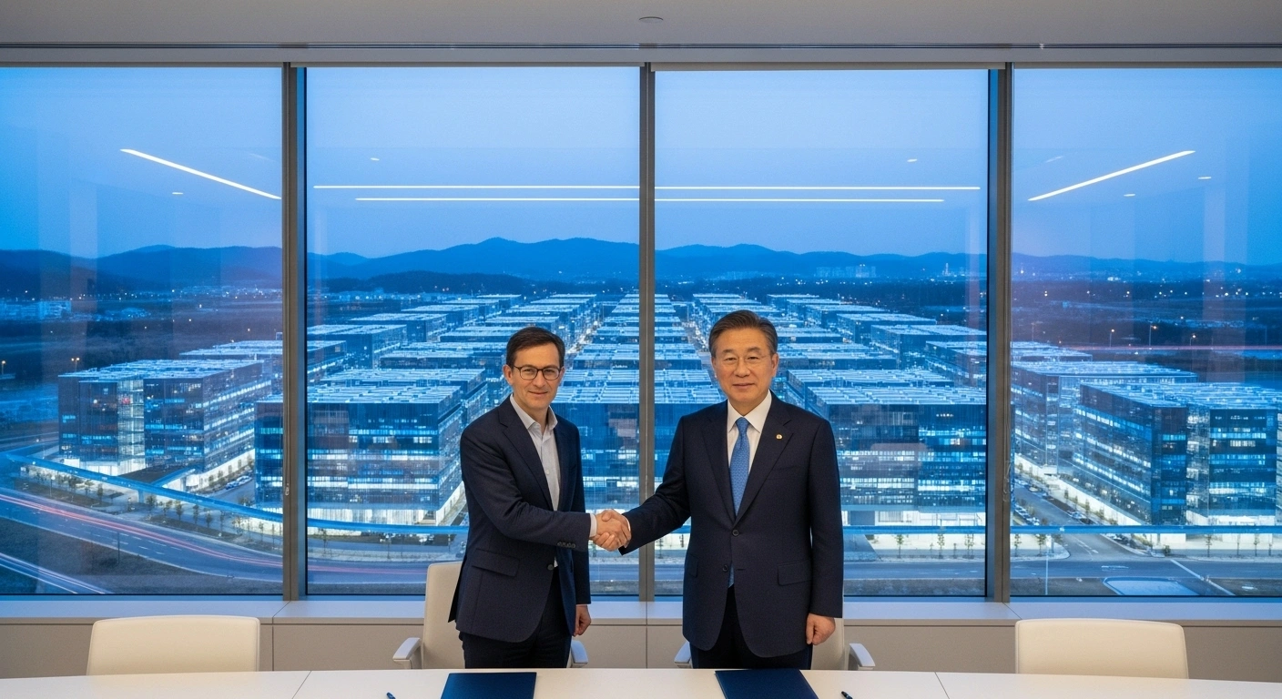 OpenAI CEO Sam Altman and South Korean President Lee Jae Myung shake hands in a modern conference room, symbolizing their agreement to build two new data centers in South Korea in partnership with Samsung and SK Group, with a futuristic data center complex visible in the background.
