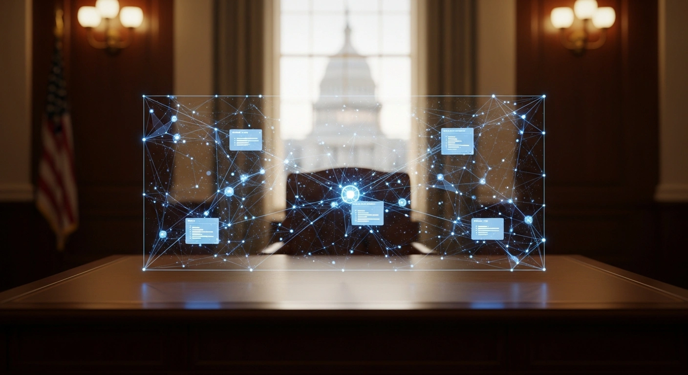 A glowing artificial intelligence interface sits in a government office with the U.S. Capitol visible through the window, representing the launch of OpenAI technology under federal oversight.