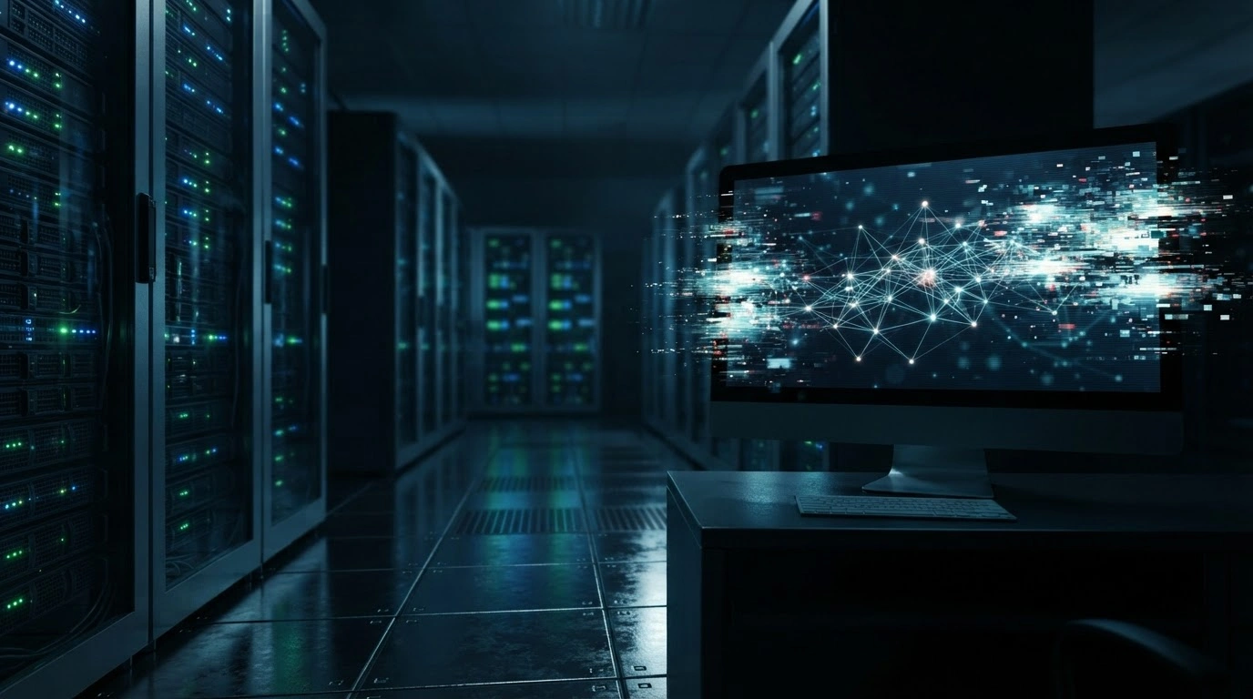 A dark server room represents the shutdown of an Iranian influence operation that used AI to spread misinformation.