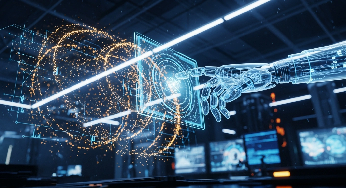 A futuristic robotic hand interacts with a holographic interface in a high-tech laboratory, representing the rise of the OpenClaw autonomous AI agent trend in China.