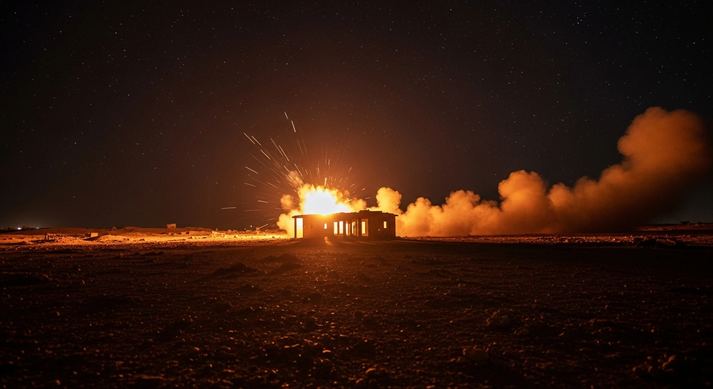 A powerful night scene captures a U.S. military airstrike, part of Operation Hawkeye Strike, with a distant explosion illuminating the skeletal remains of an Islamic State target in a desolate Syrian landscape under a dark, star-dusted sky.