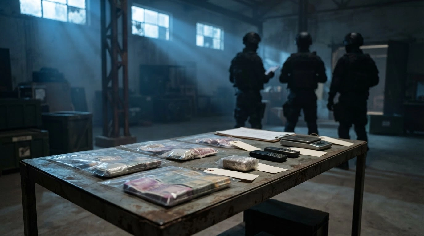 Tactical officers stand near evidence of seized currency and narcotics following the successful conclusion of the anti-narcotics Operation Trident in India.