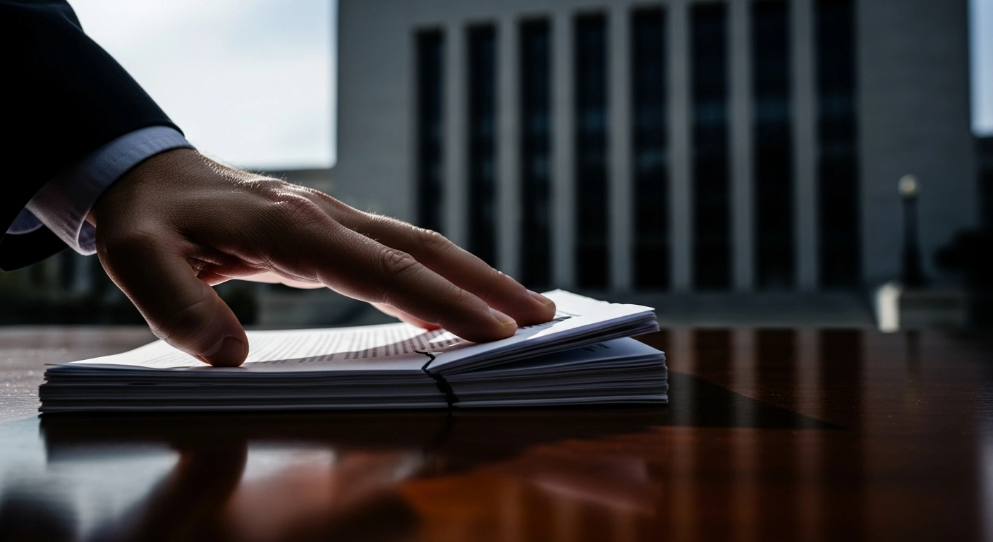 A close-up, low-angle shot shows an authoritative hand pressing down on a stack of official documents, causing one to subtly crack, symbolizing the Office of Personnel Management's directive to terminate or modify federal collective bargaining agreements despite ongoing legal challenges.