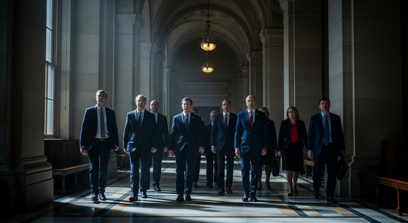 A delegation of INDIA opposition bloc leaders walks through a courthouse to submit a memorandum regarding election concerns to the Chief Justice of India.