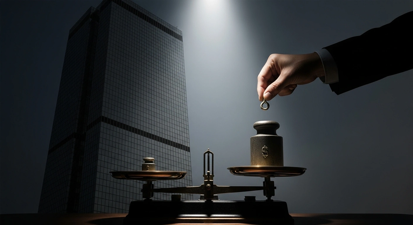 A stark, high-contrast image depicts a towering corporate building in the background, while in the foreground, a weathered hand places a small, symbolic object representing vulnerable customers onto a scale, with a large metallic weight poised to drop onto the other pan, symbolizing the Federal Court's $100 million penalty against Optus for unconscionable sales practices.
